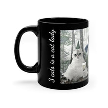 Load image into Gallery viewer, Swifties/Taylor Swift Mug with Holiday Cat Postcard - 3 cats is a cat lady, 2 cats is a party.
